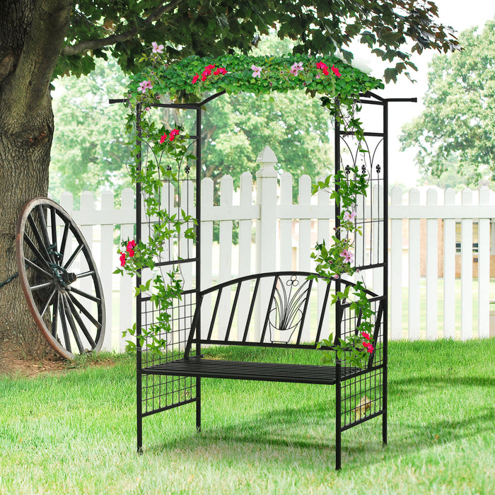 Metal Garden Arch Arbor with Integrated Bench - Outdoor Patio Love Seat, Rose Trellis Pergola Design for Climbing Plants - Ideal Seating Solution for Romantic Retreats and Plant Enthusiasts