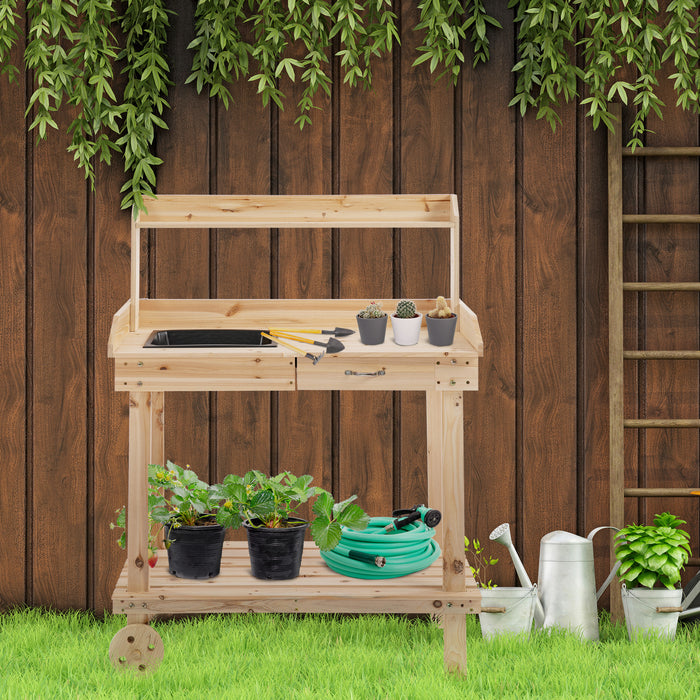 Outdoor Garden Potting Bench - Wooden Work Station with Wheels, Sink, Drawer & Ample Storage - Ideal for Gardeners & Planting Enthusiasts