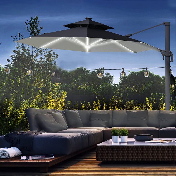 3M Adjustable Cantilever Parasol with Solar Lights - Power Bank, Cross Base, 360° Rotation, 2-Tier Canopy for Garden - Outdoor Sunshade Umbrella for Patio Comfort and Style