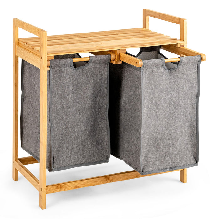 Bamboo Laundry Hamper - Dual Compartments with Removable Sliding Bags - Ideal Solution for Separating Laundry