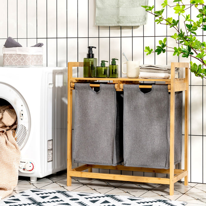 Bamboo Laundry Hamper - Dual Compartments with Removable Sliding Bags - Ideal Solution for Separating Laundry