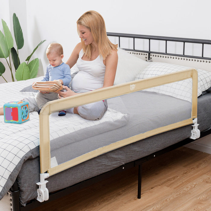 Toddler Safety Bed Rail with Height Adjustability and Durable Mesh Cloth in Beige - Perfect for Parents Ensuring Child Safety at Home