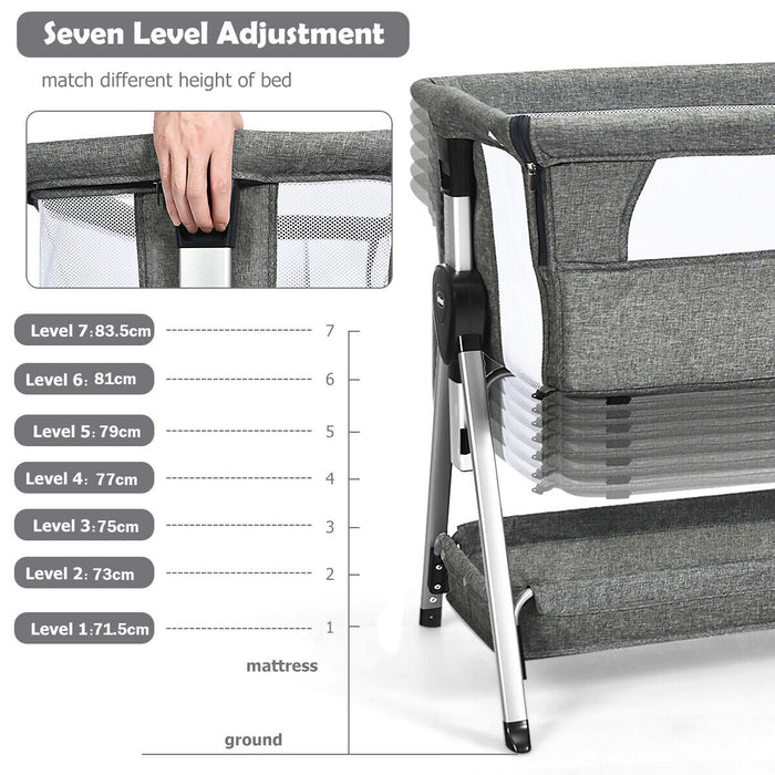 Adjustable Height Portable Baby Crib - Dark Grey with Wheels - Ideal Solution for Easily Moving Sleeping Baby