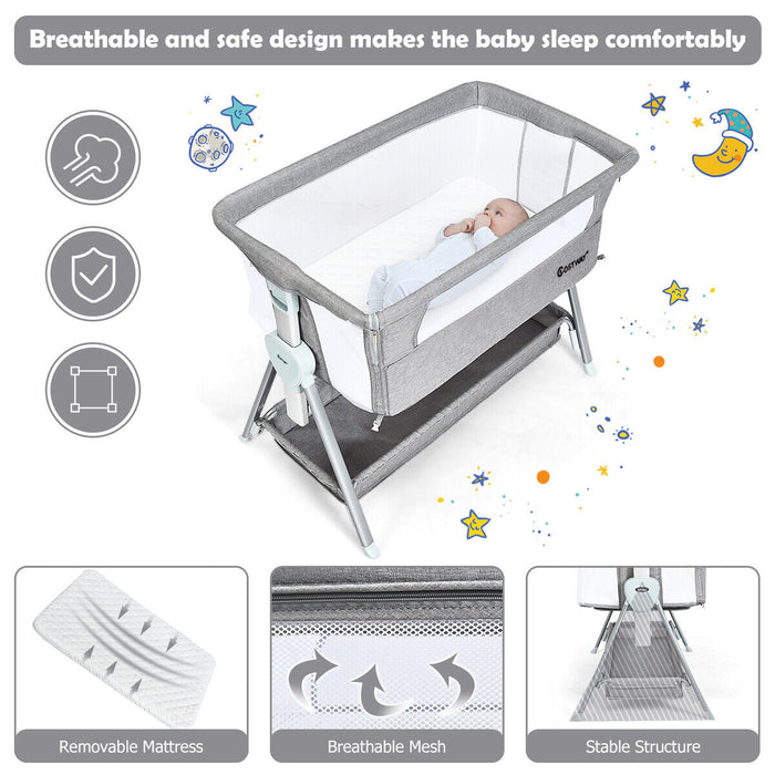 Adjustable Height Portable Baby Crib - Dark Grey with Wheels - Ideal Solution for Easily Moving Sleeping Baby