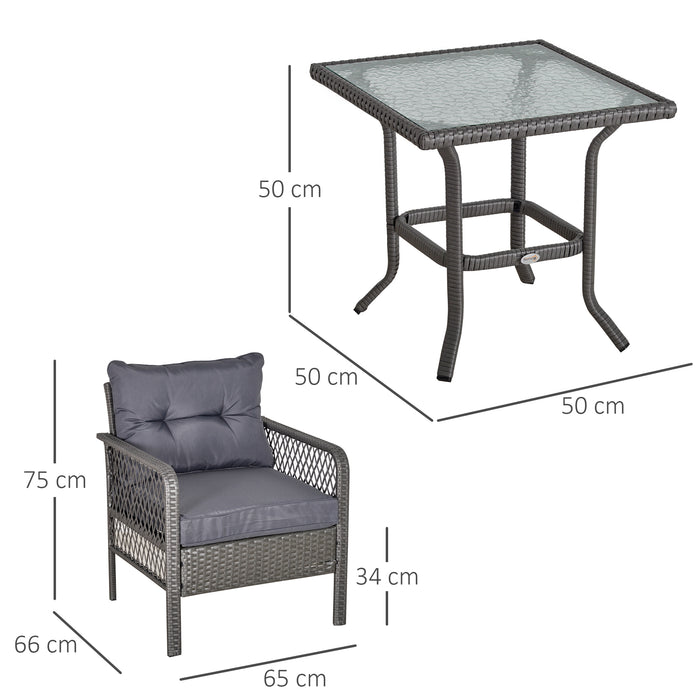 Outdoor Rattan Bistro Set - 2-Seater PE Wicker Patio Furniture with Coffee Table and Cushioned Armrest Chairs, Grey - Ideal for Garden and Balcony Conversations