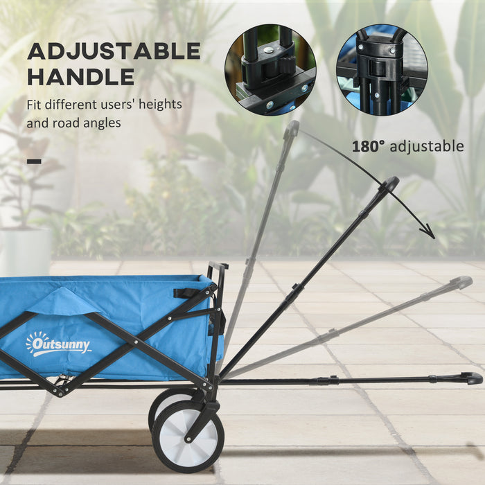 Folding Garden Trolley Cart with Telescopic Handle - Heavy-Duty Cargo Wagon Trailer for Outdoor Use - Ideal for Beach and Gardening Tasks, Blue