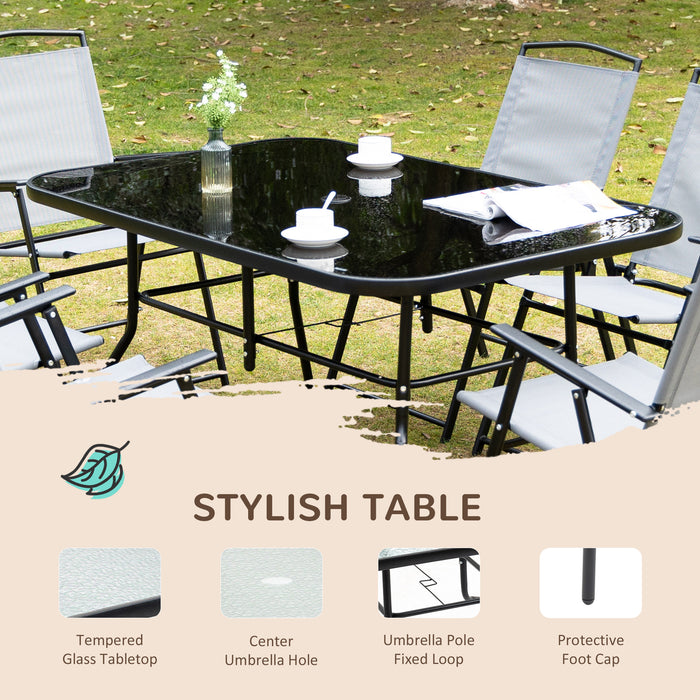 7-Piece Garden Furniture Set - Glass-Topped Dining Table with 6 Folding Chairs, Durable Outdoor Patio Ensemble - Ideal for Deck, Balcony & Entertaining Guests