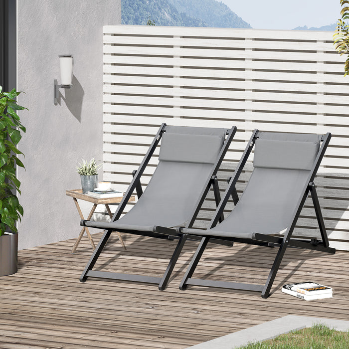 Aluminium Frame Deck Chairs, Set of 2 - Folding Patio Loungers for Beach & Garden in Grey - Ideal for Outdoor Relaxation and Sunbathing