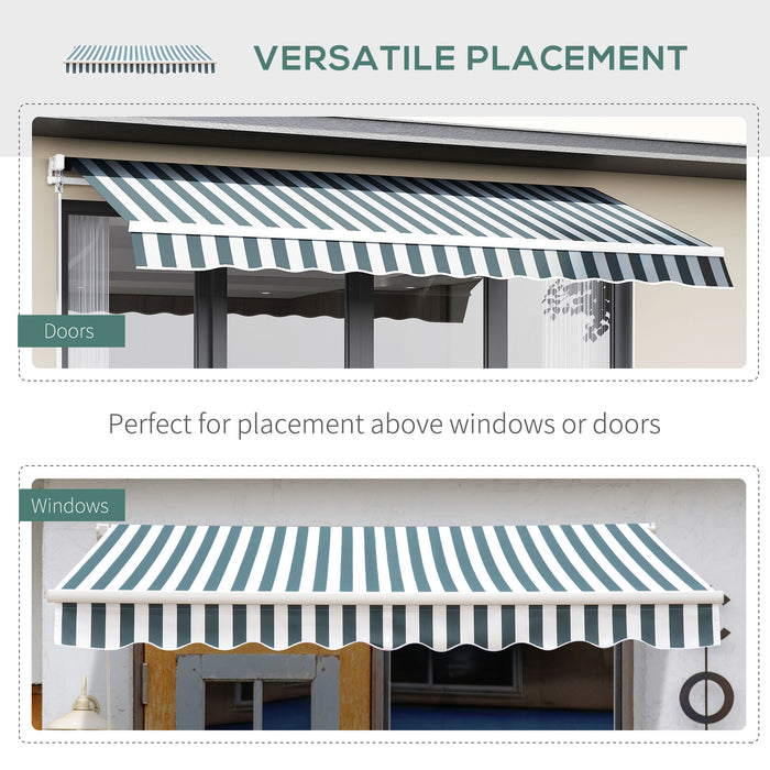 Manual Retractable Awning Canopy 2.5m x 2m - Green and White Sun Shade Shelter for Garden Patio with Winding Handle - Ideal Outdoor Cover for Protection and Comfort