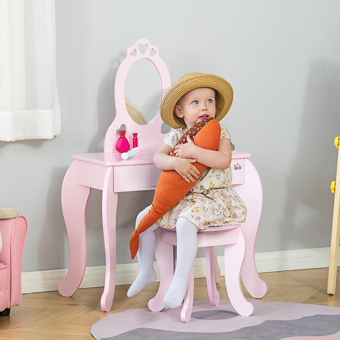 Kids Vanity Set with Stool - Girls Pink Dressing Table, Makeup Desk with Chair and Mirror - Play Dresser for Children's Imaginative Play