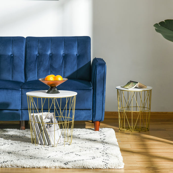 Round Nesting Side & End Tables with Storage - Steel Frame with Removable Tops, Set of 2 in White - Space-Saving Furniture for Small Apartments