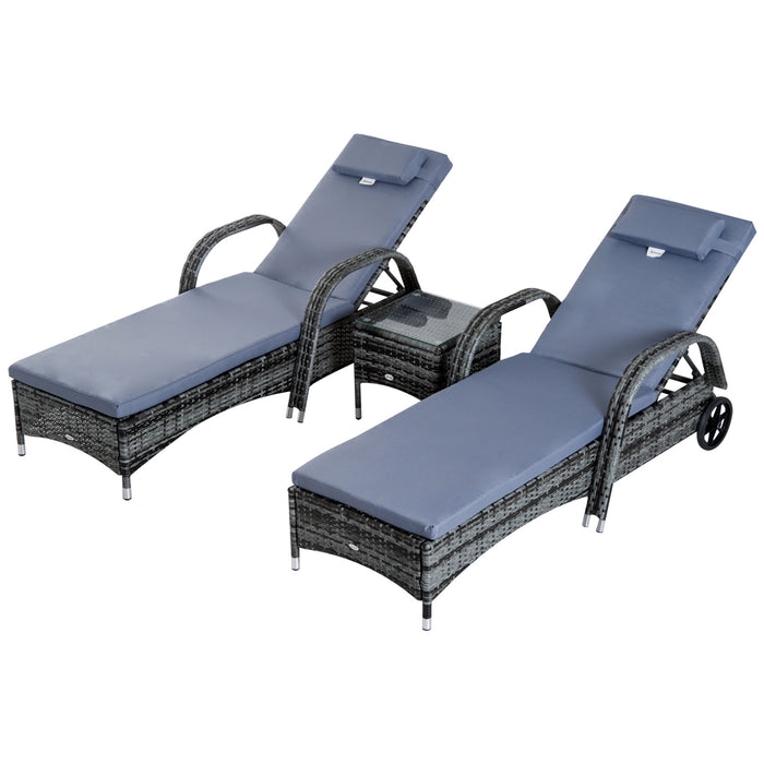 3-Piece Rattan Sun Lounger Set - Adjustable Wicker Reclining Chairs with Cushions and Wheeled Design - Ideal for Garden Relaxation and Patio Comfort