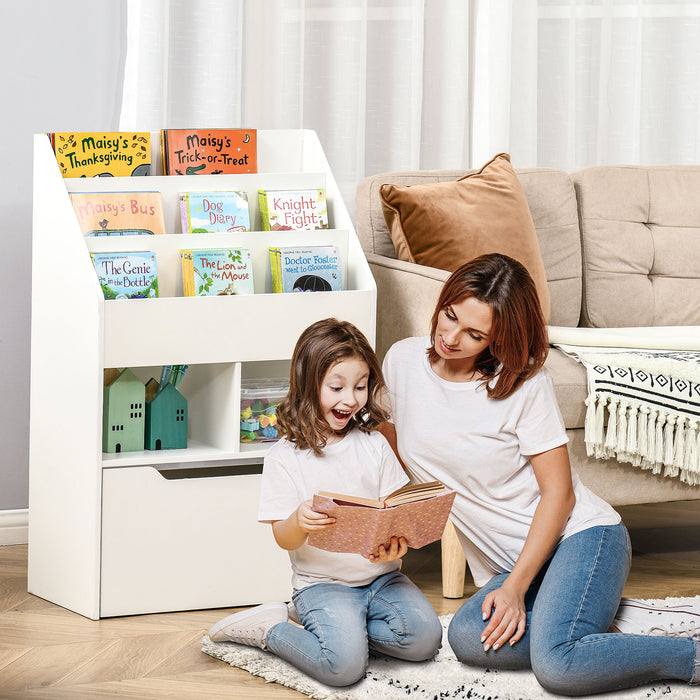 Kids Bookshelf and Toy Storage - Multifunctional Shelf with Drawer and Wheels - Ideal for Playroom Organization and Space Saving