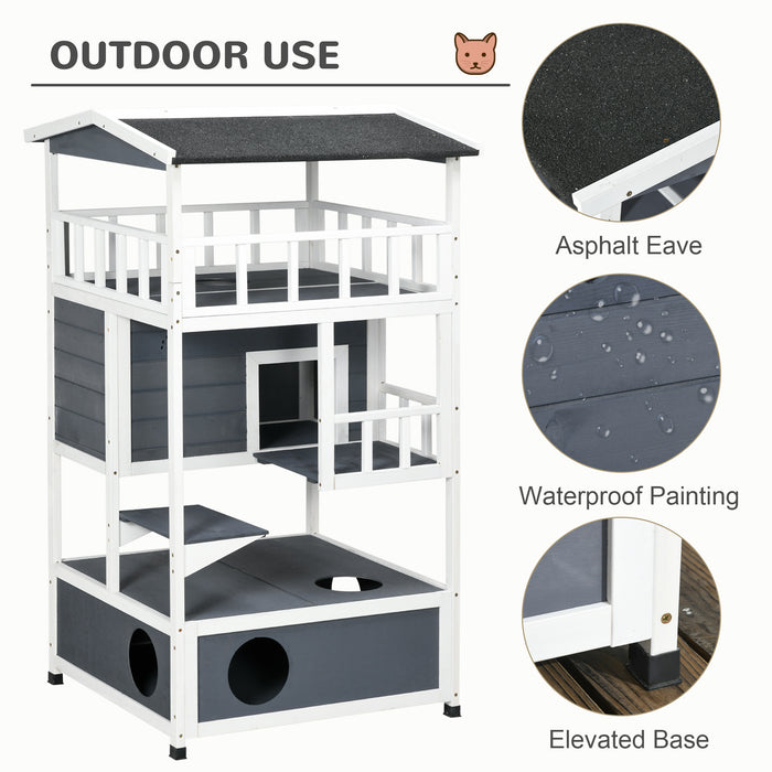 Cats Fir Wood 3-Tier Playhouse - Waterproof Multi-Level Feline Entertainment Center - Ideal for Outdoor Cat Adventures and Relaxation