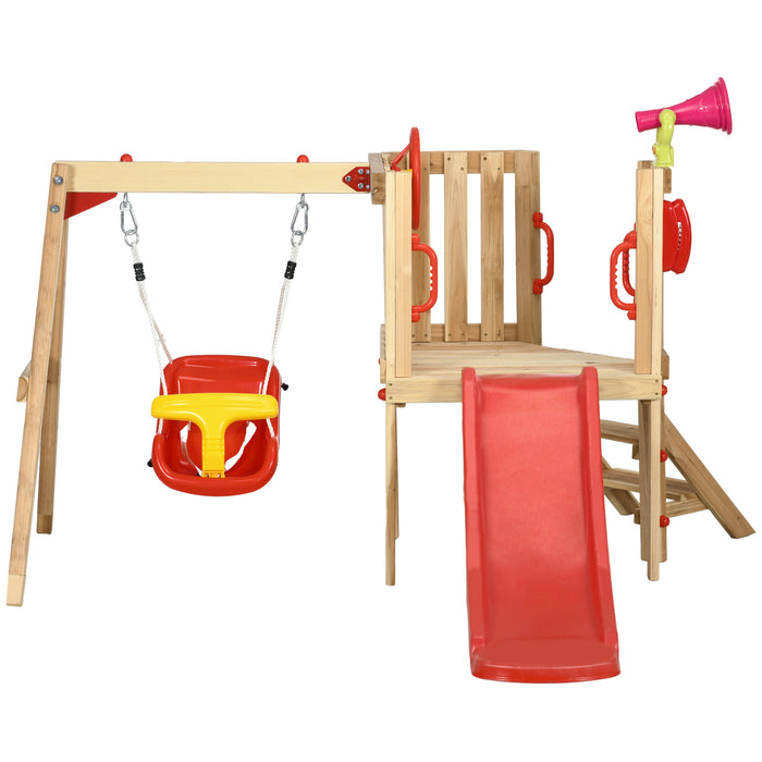 Toddler Wooden Swing and Slide Combo - Durable Red and Brown Outdoor Playset for Ages 18-48 Months - Fun Backyard Activity for Young Children