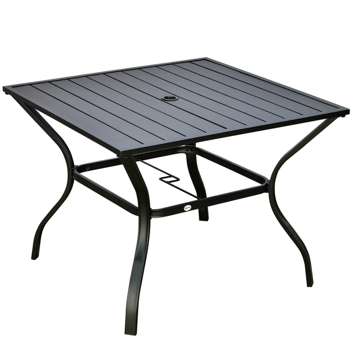 Outdoor Square Patio Dining Table with Parasol Hole - Durable Slatted Metal Plate Top for Four - Ideal for Garden and Backyard Entertaining