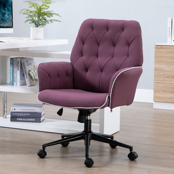 Ergonomic Linen Swivel Chair - Mid-Back Office Computer Chair with Adjustable Seat and Arms, Purple - Ideal for Desk-Centric Professionals