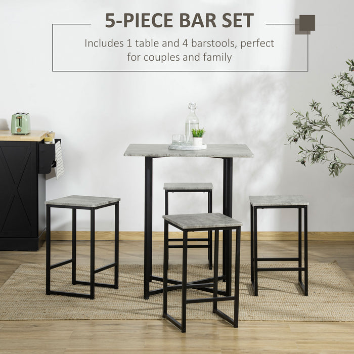 Concrete-Effect Square Bar Table Set with Stools - 5-Piece Kitchen Dining Combo for 4, Steel Frame & Footrest - Ideal for Small Spaces and Casual Meals