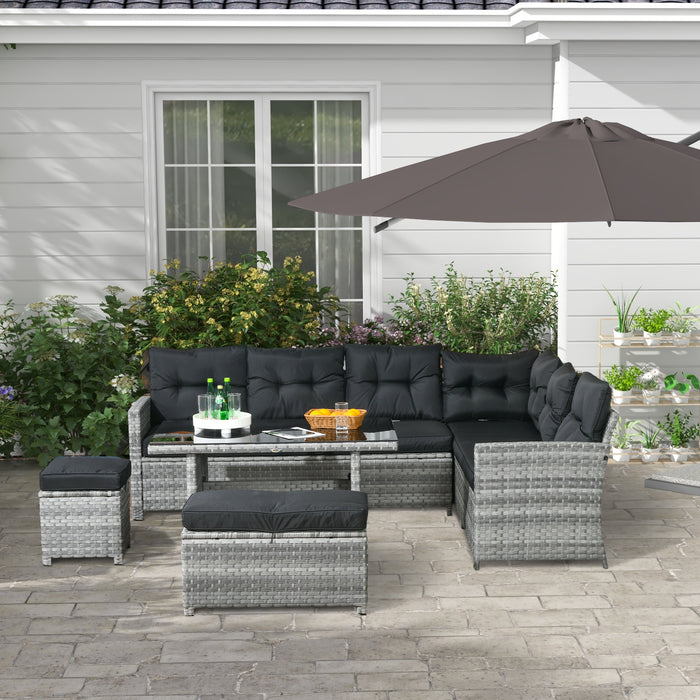 5-Piece Rattan Patio Set with Corner Sofa - Includes Footstools & Glass Coffee Table, Comfy Cushions - Ideal for Outdoor Living & Entertainment Spaces