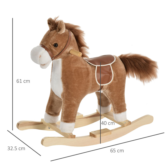 Plush Rocking Horse with Sound Features - Sturdy Brown Children's Ride-On Toy - Ideal for Enhancing Motor Skills and Playtime Fun