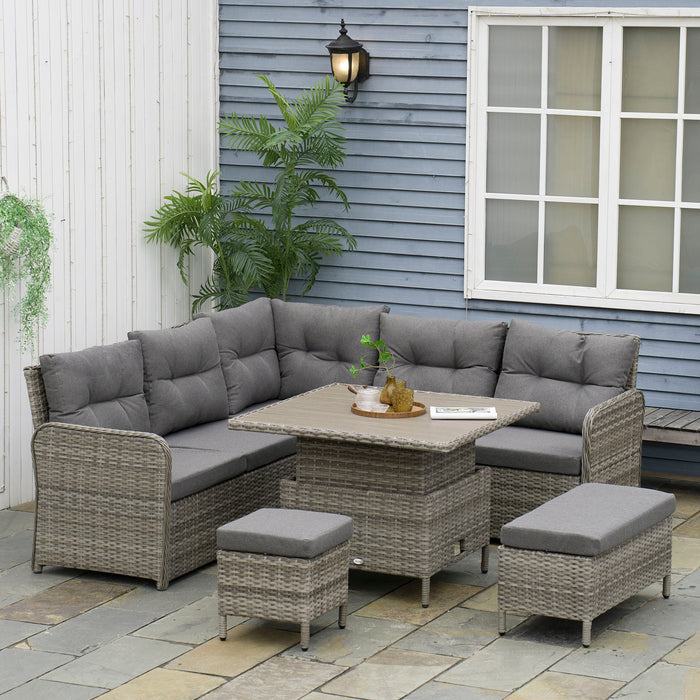 Outdoor Rattan 6-Piece Set - Garden Patio Furniture with Sectional Corner Sofa, Soft Padded Cushions & Adjustable Coffee Table - Ideal for Deck, Conservatory & Entertaining Spaces