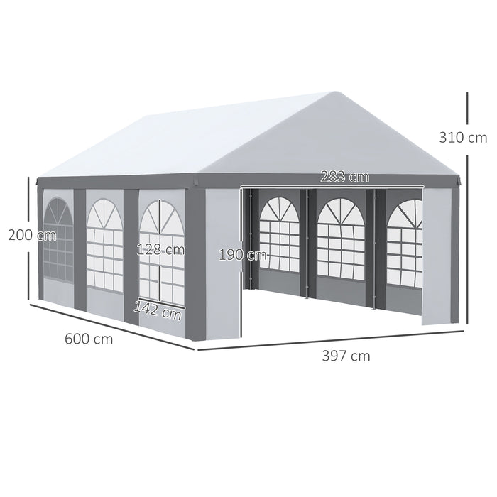 Galvanized 6x4m Marquee Party Tent with Sides - Features Six Windows & Double Doors, Weather-Resistant Gazebo - Ideal for Parties, Weddings & Outdoor Events in White & Grey