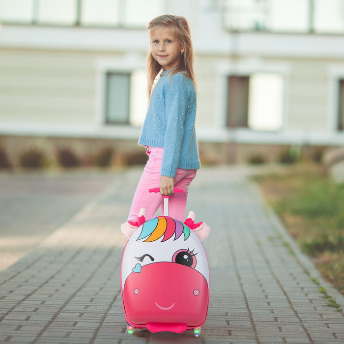 Kids Travel Gear - 16 Inch Light-Up Wheel Luggage with Telescopic Handle, Pink Horse Design - Ideal for Little Adventurers