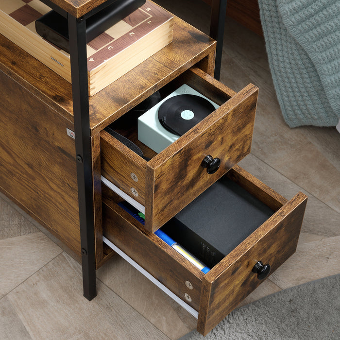 Narrow End Table with Dual Drawers and Lower Shelf - Sturdy Metal Framed Bedside Table in Rustic Brown - Space-Saving Furniture for Small Rooms