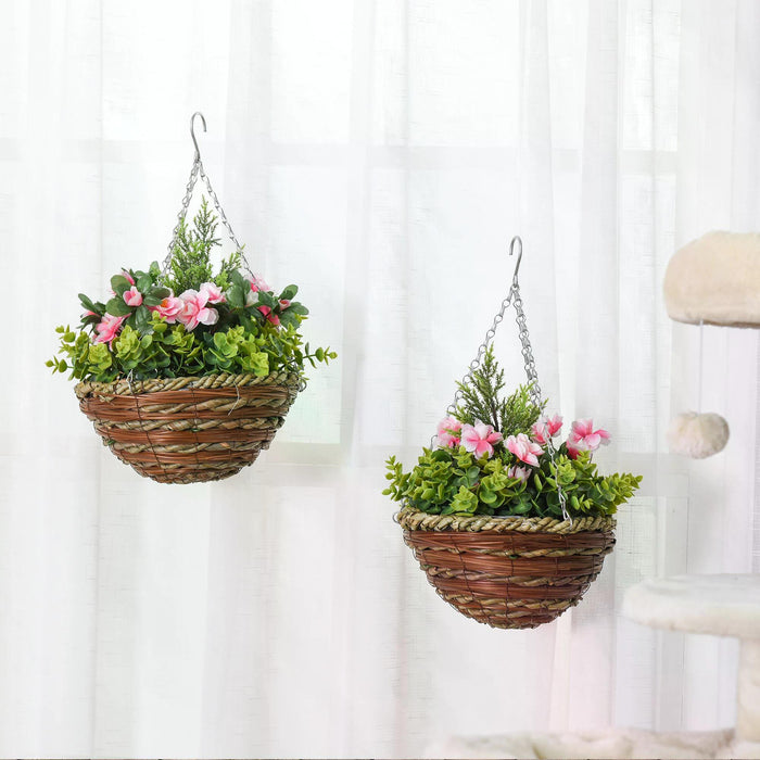 Artificial Lisianthus Flower Arrangement - Set of 2 Hanging Planters with Baskets for Décor - Enhances Indoor & Outdoor Spaces