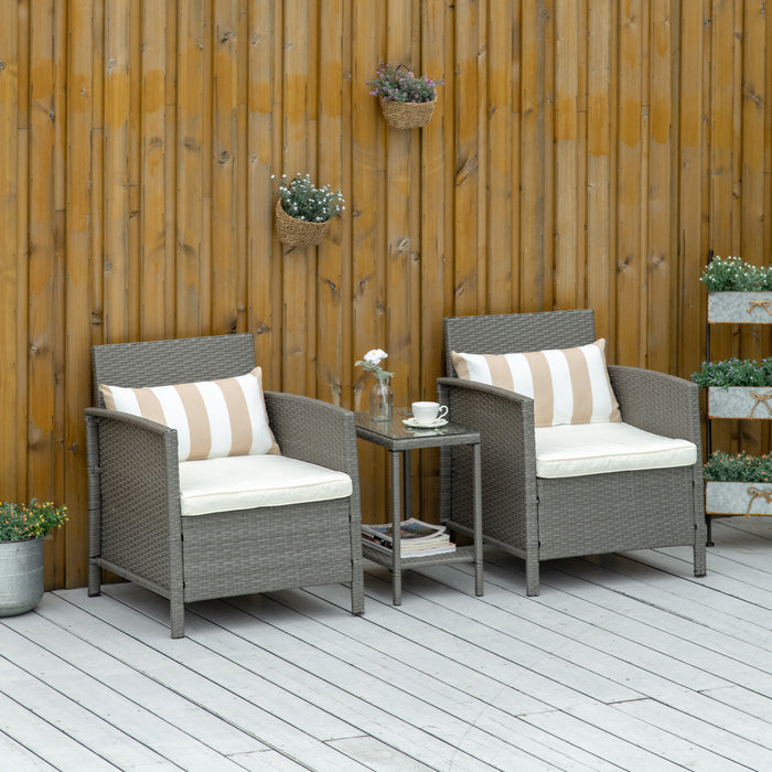 Rattan Bistro Patio Set - 3-Piece Wicker Weave Garden Furniture with Cushioned Sofa Chairs & Matching Table - Ideal for Conservatory & Outdoor Lounging