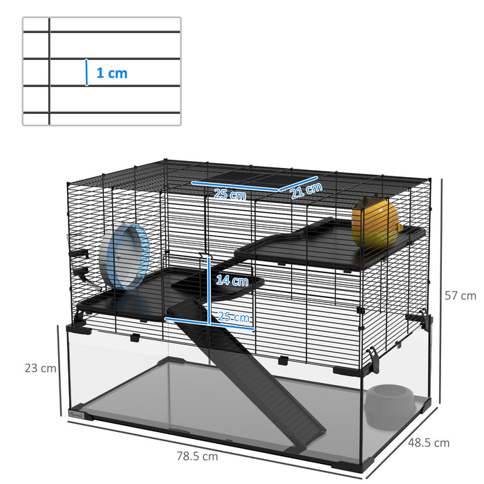 3-Tier Hamster & Gerbil Habitat - Deep Glass Bottom, Non-Slip Ramps, and Exercise Platforms with Hut & Wheel - Ideal for Syrian & Dwarf Hamsters