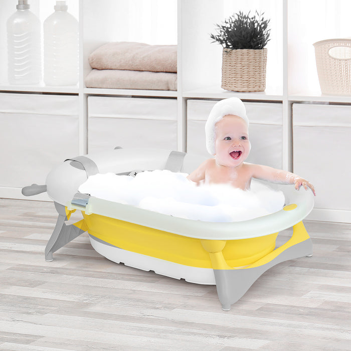 Foldable Ergonomic Baby Bath Tub with Cushion - Temperature-Sensitive Plug, Non-Slip Legs, Portable Design - Ideal for Infants 0-3 Years, Sunny Yellow