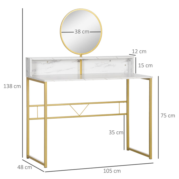 Modern Round Mirror Vanity Desk - Faux Marble Dressing Table with Open Storage and Steel Frame - Elegant Makeup Station for Bedroom, White