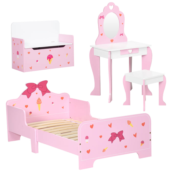 Princess-Themed 4-Piece Bedroom Set - Includes Bed, Toy Box Bench, Dressing Table & Stool - Perfect for Ages 3-6, Adorable Pink Design