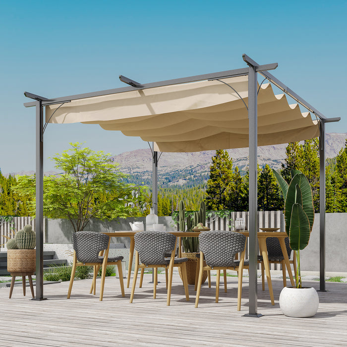 Metal Pergola Gazebo with Retractable Canopy - 3x3m Durable Outdoor Sun Shade Shelter, Beige - Ideal for Garden, Marquee Parties & BBQ Gatherings