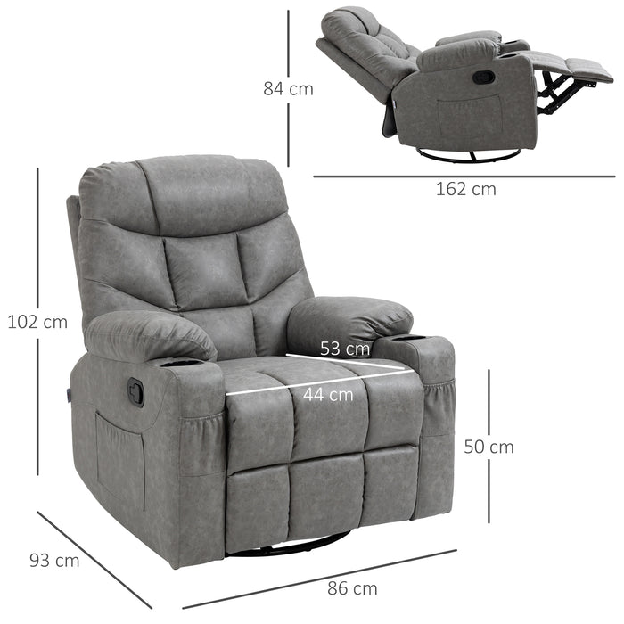 Manual Reclining Armchair with Footrest and Cup Holders - Faux Leather Comfortable Lounger - Ideal for Relaxation and Home Theater Seating, Grey, 86x93x102 cm