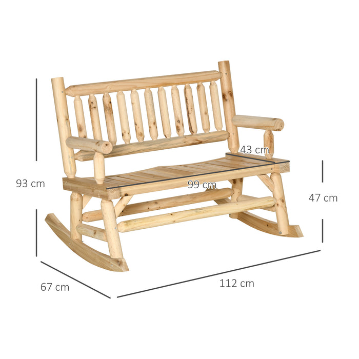 Rustic Rough-Cut Log Rocking Bench - 2-Seater Wooden Loveseat with High Slatted Back and Armrests - Outdoor Garden Seating Solution for Relaxation