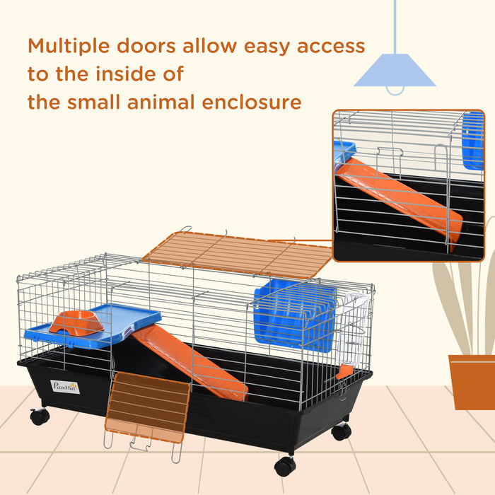 Small Animal 2-Tier Steel Cage with Accessories - Durable Habitat for Pets in Blue/Orange - Ideal for Hamsters, Gerbils, and Mice