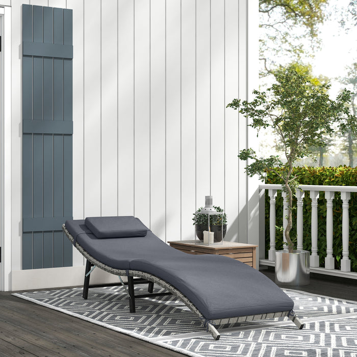 Rattan Folding Sun Lounger - Outdoor Relaxation Chair with Comfort Cushion and Pillow, Grey - Ideal for Patio, Garden, Poolside Lounging