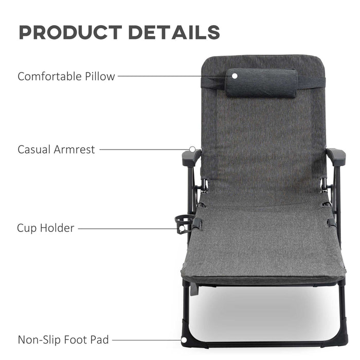 Garden Lounger Adjustable Chair - Mesh Fabric with 7 Reclining Positions, Pillow & Cup Holder in Dark Grey - Ideal Sleeping Bed for Poolside Comfort