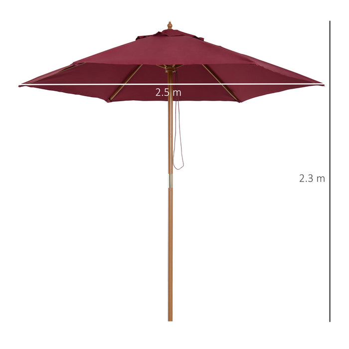 Wooden Garden Parasol Umbrella, 2.5m - Elegant Red Wine Outdoor Shade Accessory - Ideal Sun Protection for Patio & Backyard Gatherings