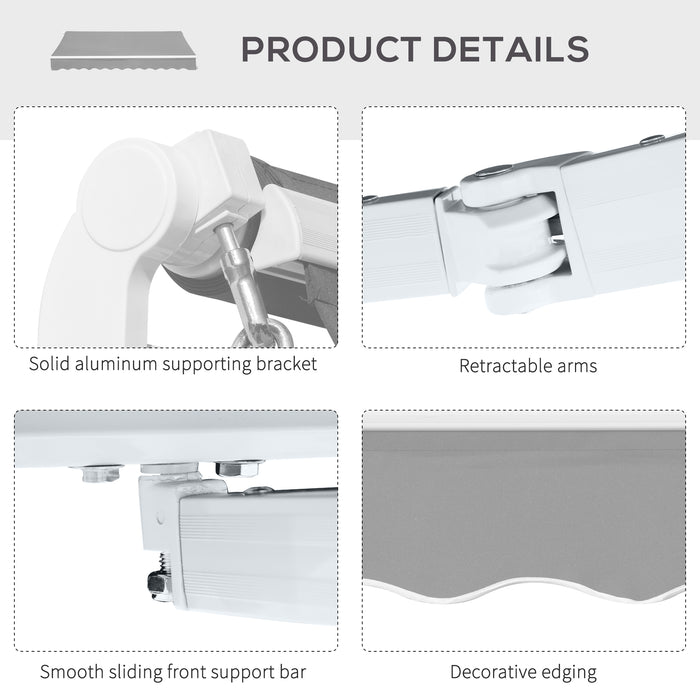 Retractable Manual Awning 4x2.5m - Window Door Sun Shade Canopy with Crank Handle and Fittings, Light Grey - Outdoor Patio Shelter and UV Protection