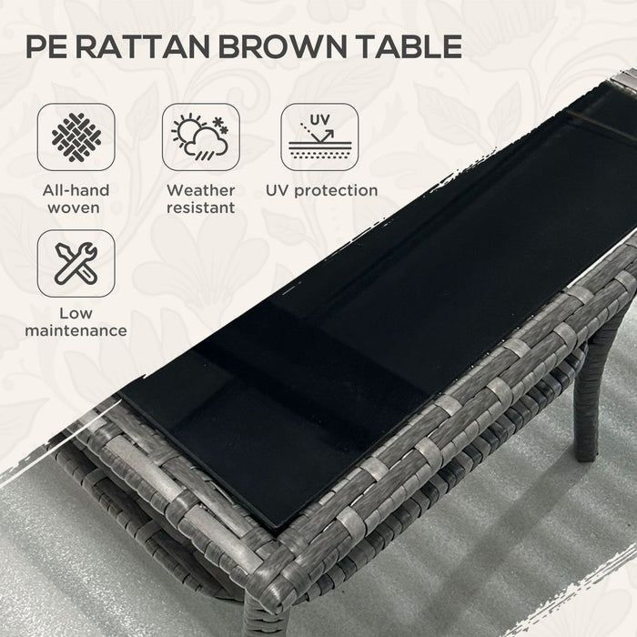 PE Rattan Wicker Coffee Table - 50cm Two-tier Outdoor Side Table with Glass Top - Ideal for Patio, Garden, Balcony in Grey