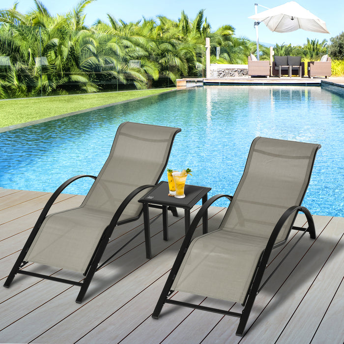 Outdoor Reclining Lounge Chair Set with Side Table - 3-Piece, Grey Sunbathing Chairs for Patio & Garden - Ideal for Poolside Leisure and Backyard Relaxation