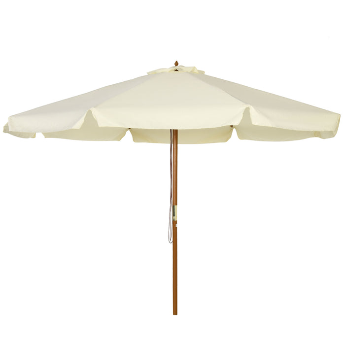 Garden Parasol with Bamboo Ribs - 3.3m Beige Patio Umbrella & Sun Shade Canopy with Ruffles, Wood Pole - Ideal for Outdoor Comfort and UV Protection