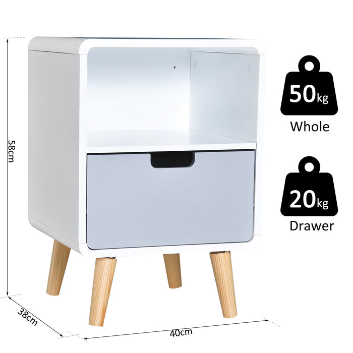 Scandinavian-Inspired Nightstand - 40x38x58 cm Minimalist Bedside Table in White, Grey, & Natural Wood Tones - Ideal for Modern Bedroom Decor & Storage Convenience