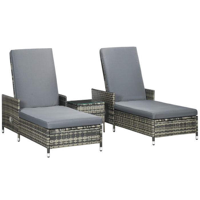 Rattan Sun Lounger Set with Adjustable Backrest - Patio Chaise Lounge Chair & Glass Top Table with Soft Grey Cushions - Ideal for Deck, Poolside Relaxation