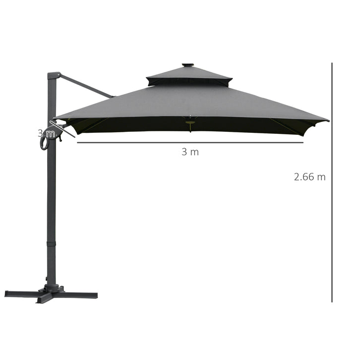 Cantilever Roma Parasol with LED Solar Light - 3x3m Outdoor Sun Umbrella with 360° Rotation and Cross Base - Ideal for Patio, Backyard in Dark Gray