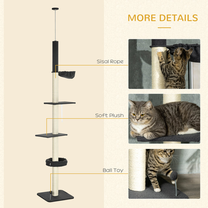 Floor-to-Ceiling 5-Tier Cat Tower - Adjustable Height Multi-Level Climbing Tree with Scratching Posts, Black - Ideal for Active Cats and Kittens