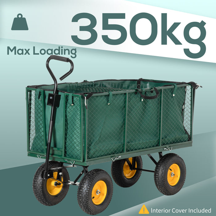 Heavy Duty Garden Trolley Cart with 4 Large Wheels - Durable Metal Frame Wheelbarrow with Handle, Green - Ideal for Gardening and Landscaping Transport Tasks